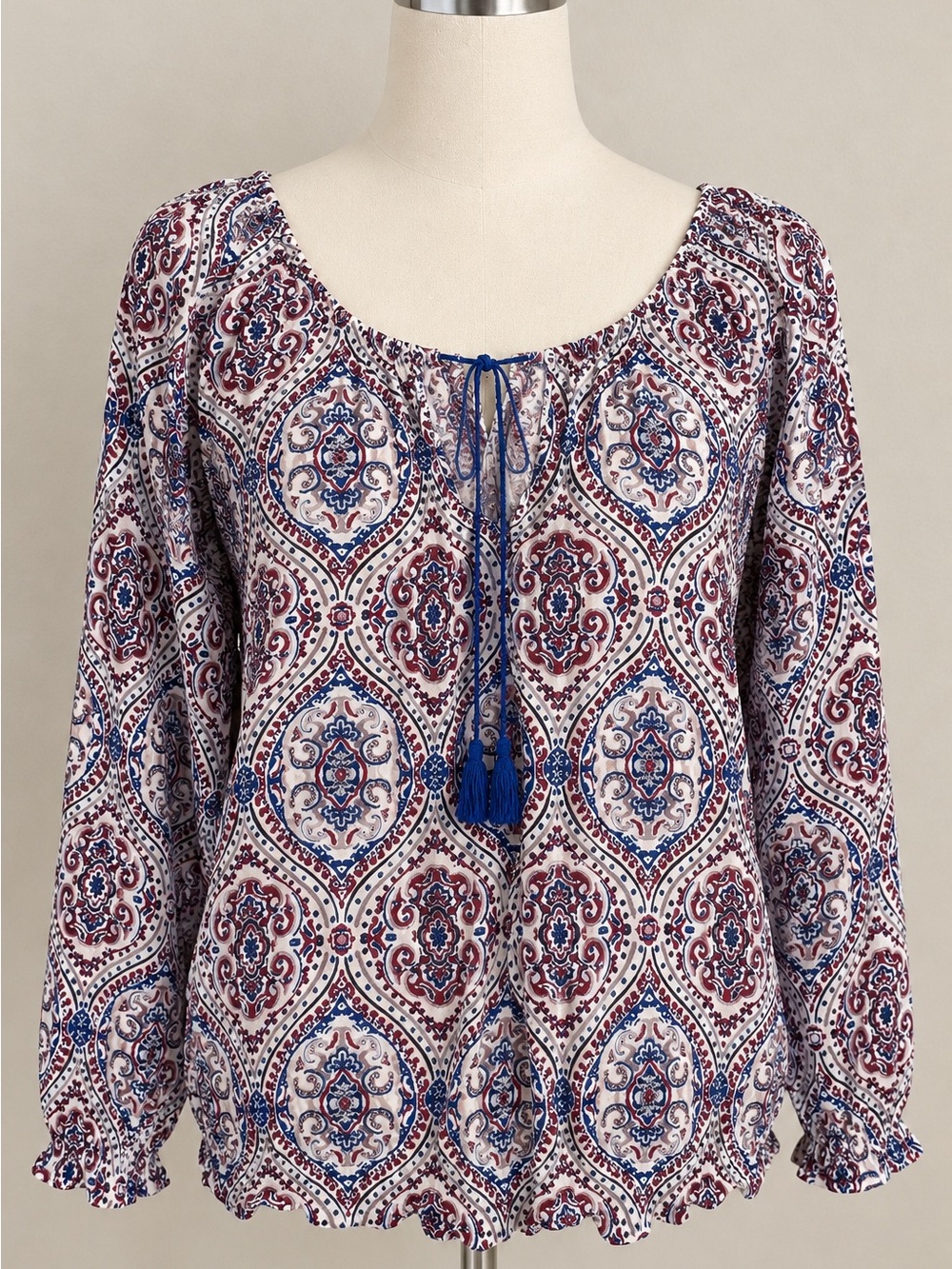 Love Stitch Women's Paisley Multicolor Long Sleeve Tie Tassel Blouse XL